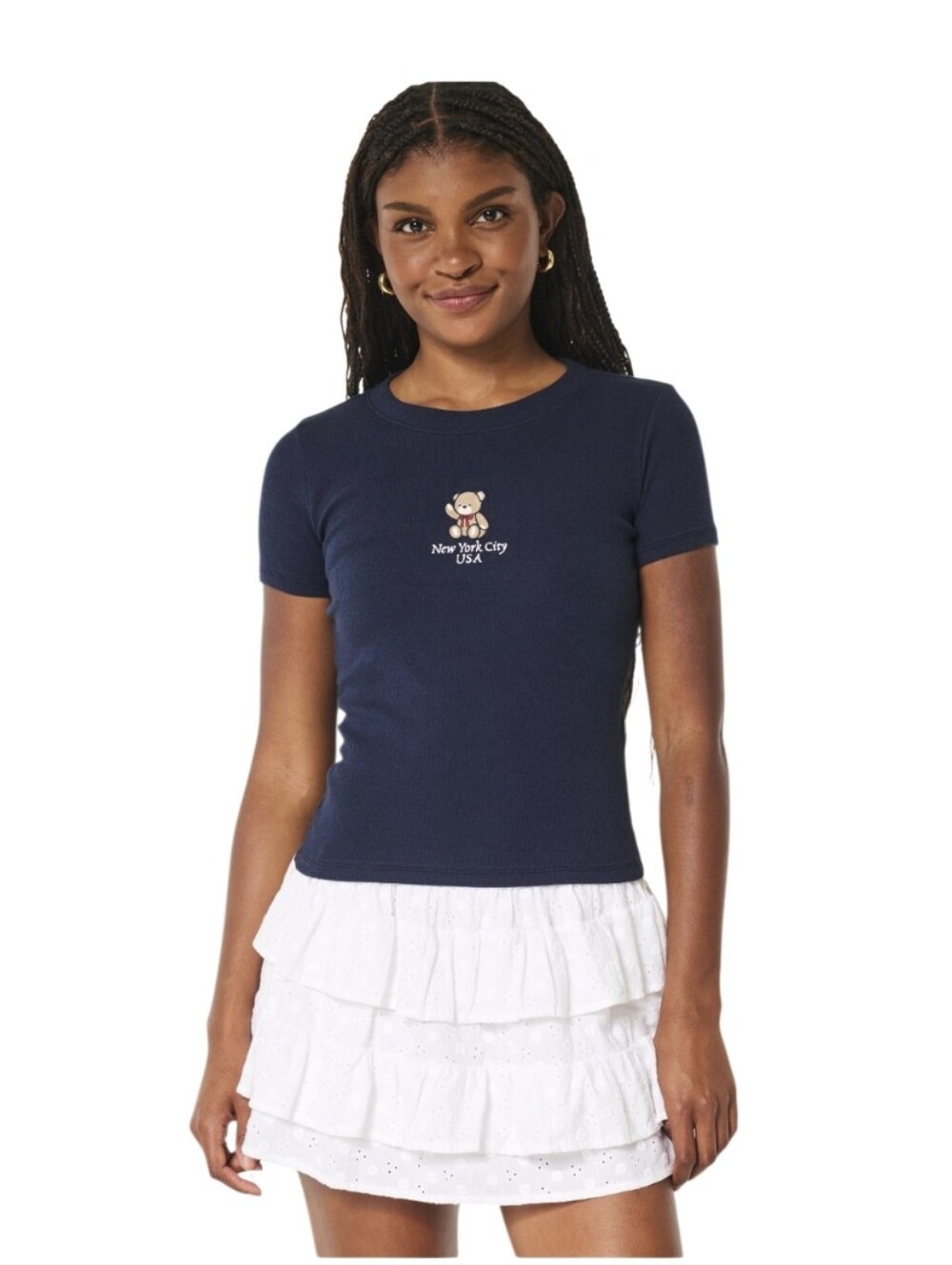 Hollister New York City Teddy Bear Ribbed Navy Blue T-shirt Women's Size Small